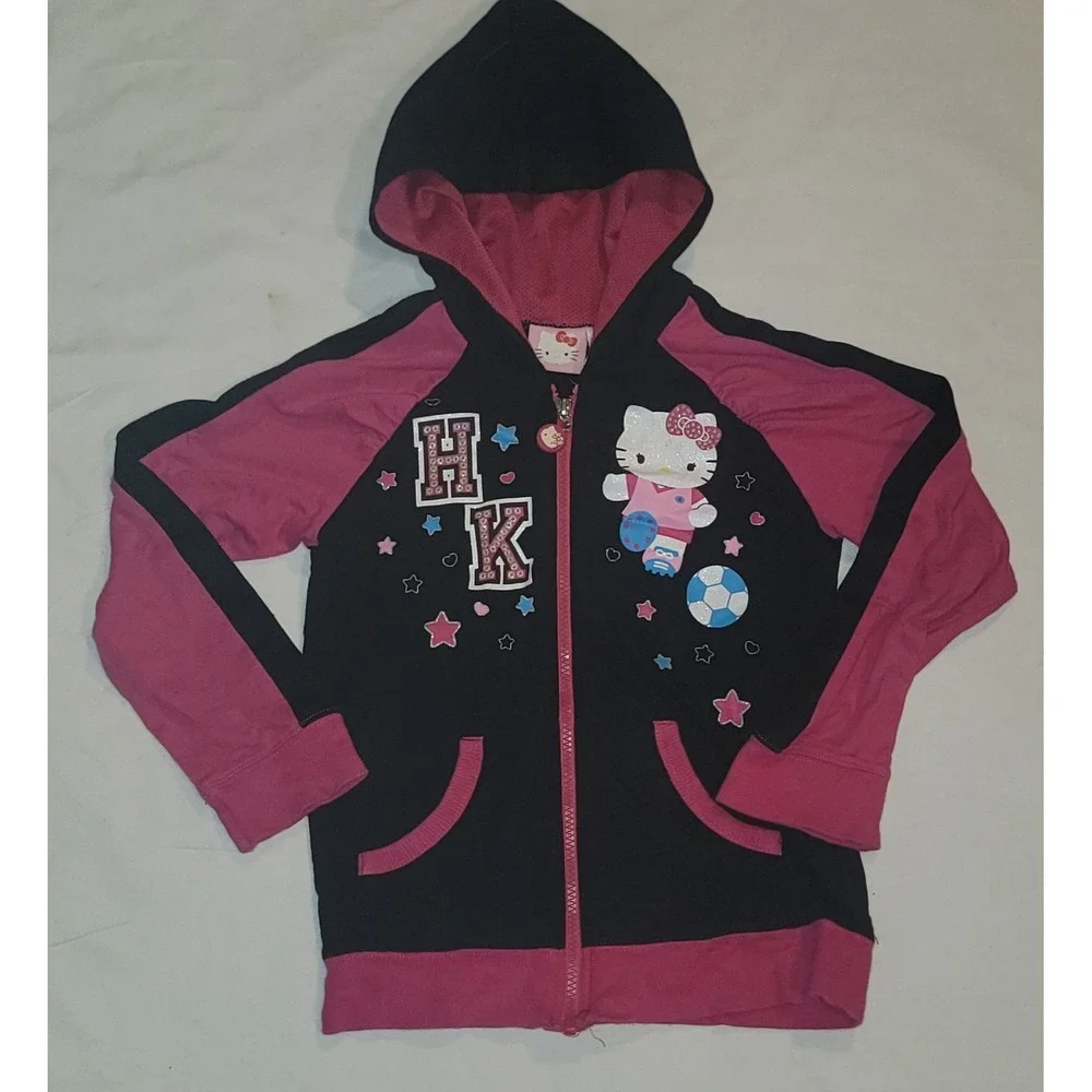 Hello Kitty Girls Hoodie Black/Pink Zip Up Jacket Size 7/8 Sanrio Lightweight